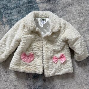 Little Me Cream Faux Fur Pea Coat with Pink Bow Details
